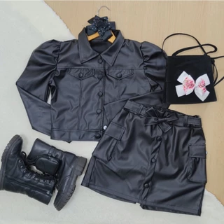 Conjunto de Jaqueta com Short Saia 4-14 Anos Modelo Feminino infantil Moda Blogueirinha Couro Sintético Preta