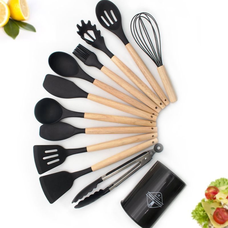 Kit C/12 Pçs Utensílios De Cozinha Colheres Espatula Silicone Cabo Madeira Decoração Promoção