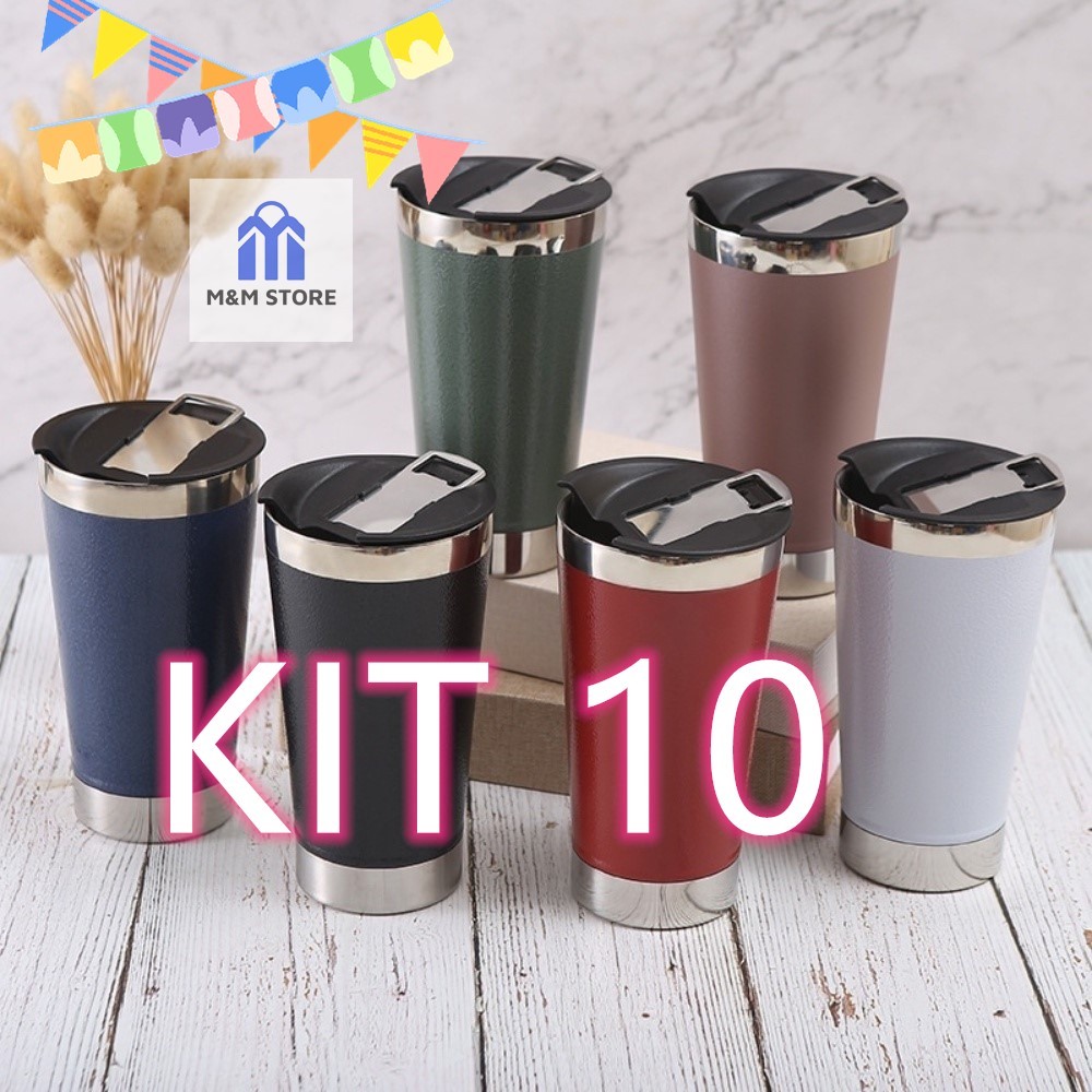 KIT com 10 copos térmico 473ml com tampa e abridor, copo de Inox mantém ...