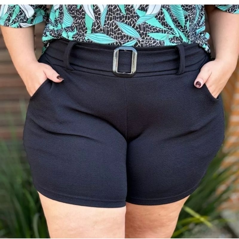 short feminino tecido malha crepe plus size G1 G2 G3 con cinto na ...