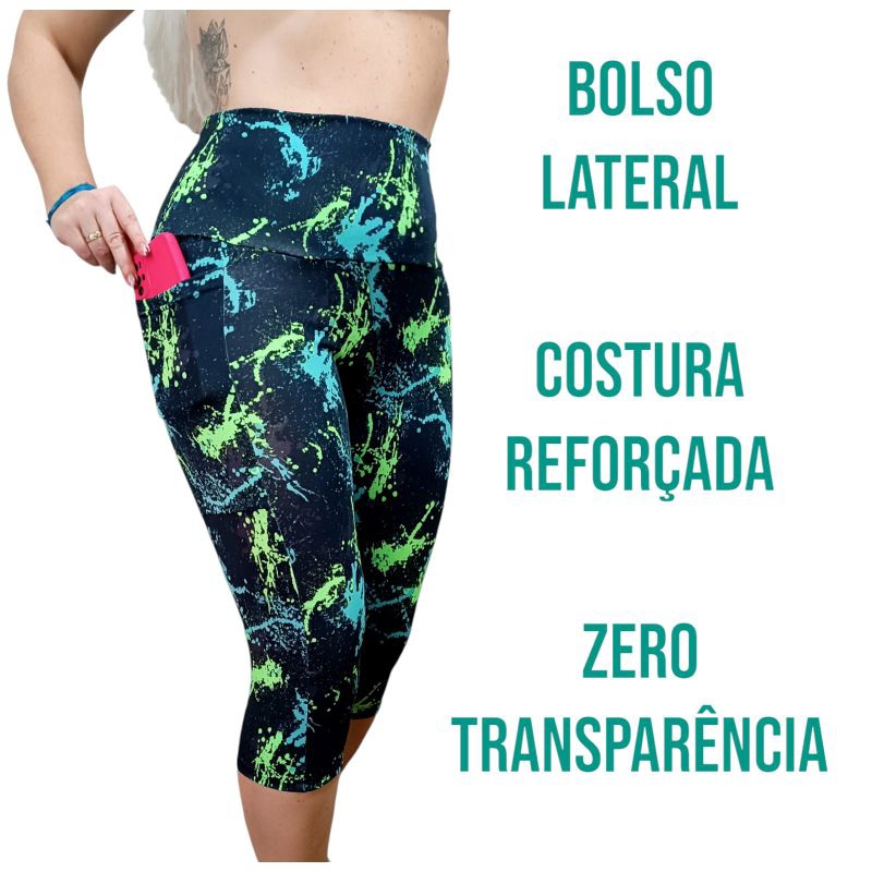 Calça Legging Corsário Bolso Lateral e Cós Alto Academia Fitness
