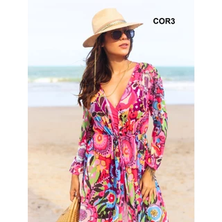 Saída de praia estampada em tule com amarração frontal em Oferta na Shopee