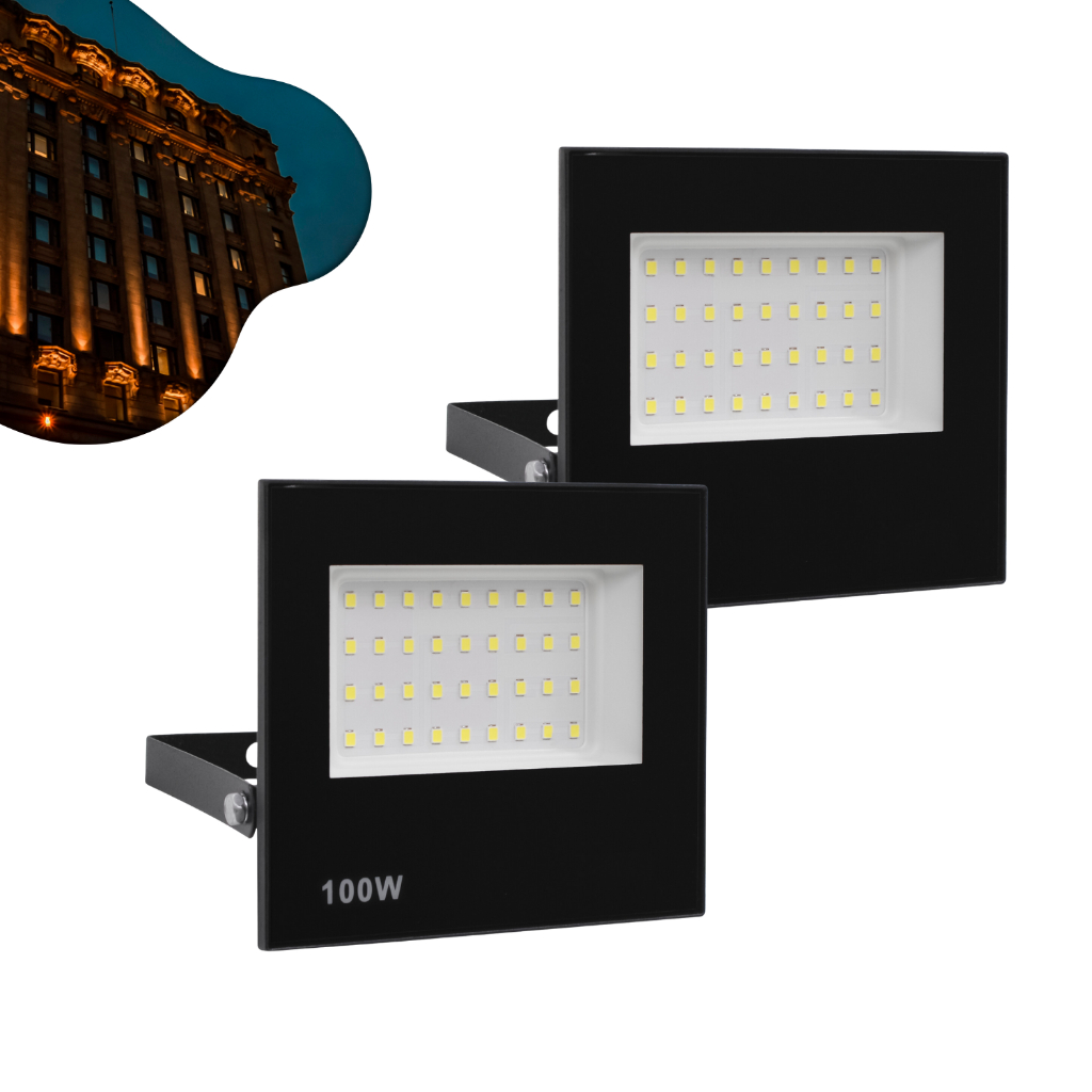 Kit 2 Refletor Led 100w Holofote Bivolt Prova D'água Luz Branco Quente