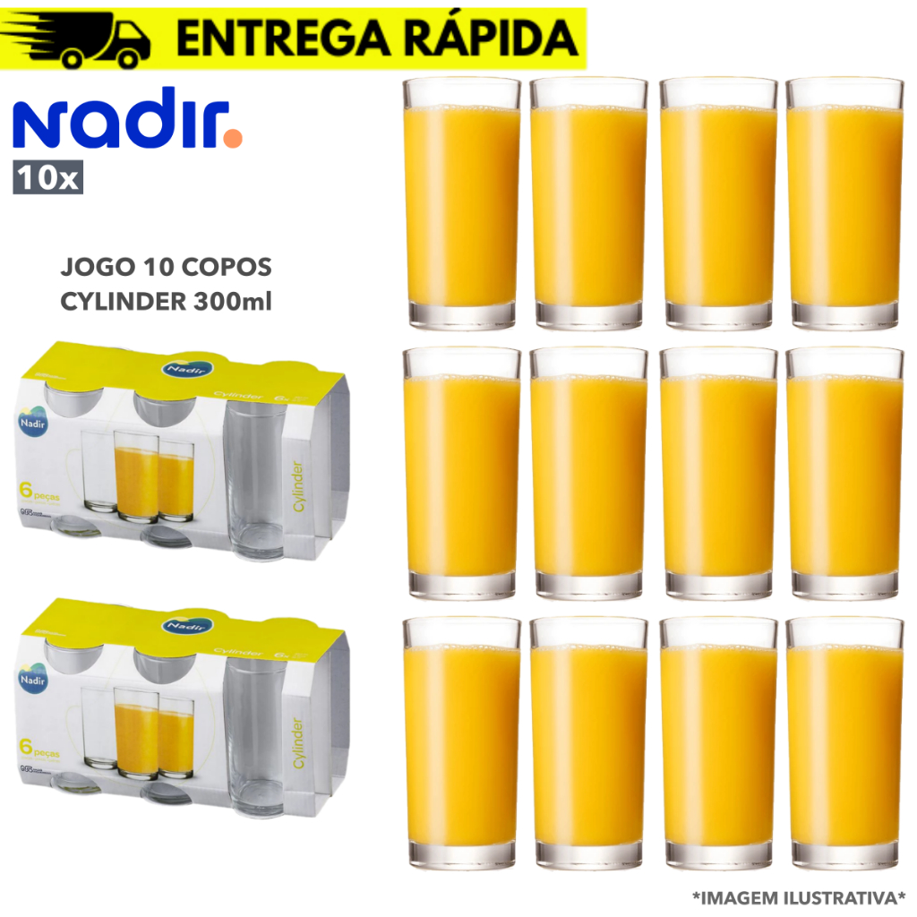 Jogo 10 Copos Resistente Multiuso Long Drink Cylinder Vidro 300ml - Nadir