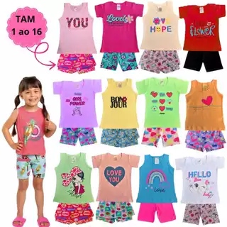 Conjunto Infantil Menina 12 Peças com 6 Blusa 6 Bermuda 1 ao 16 Conjunto Feminino Infantil Verão