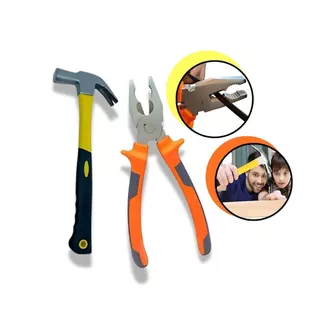 Kit Martelo Cabo Fibra De Vidro Alicate Universal 8 Polegadas Emborrachado 1000V Metal