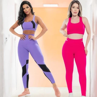Kit 2 Conjunto Academia Feminina Poliamida Calça Legging Top com Bojo zeroTransparencia cintura Alta