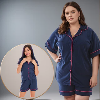 KIT 2 Baby Doll Mãe e Filha Plus Size Blogueirinha Azul Malha Confort Pijama Short Doll Verão