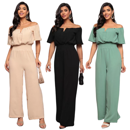 Macacão pantalona longo decote ombro a ombro alfaiataria