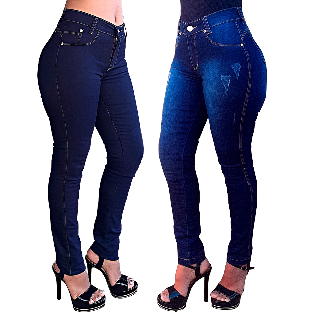 Kit 2 Calças Femininas Jeans Cós Alto Até o Umbigo Lycra 36 38 40 42 44 46