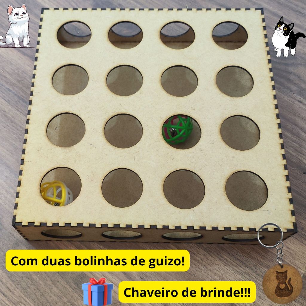 Brinquedo Gato Interativo Caixa MDF com Furos e Bolinhas com Guizo para Diversão Distração Labirinto