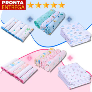 Kit 14 Peças Enxoval Bebe 3 Cueiros 6 Paninhos De Boca E 5 Fraldas 100% Algodão Flanelado Estampado em Oferta na Shopee