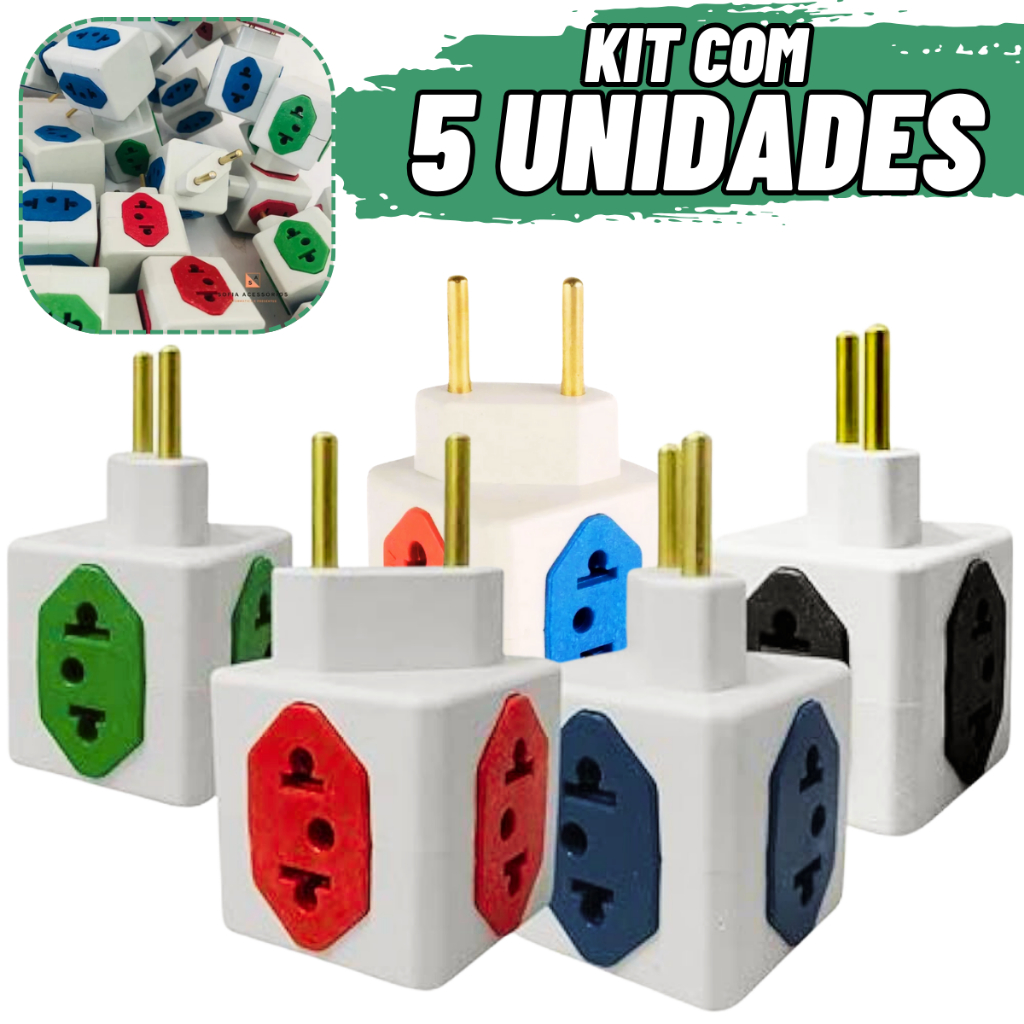 Adaptador de Tomada Cubo Kit Com 1, 2, 3, 5, unidades Benjamin CUBO 10A/20A Pino Maciço Resistente 4 Tomadas Colorida