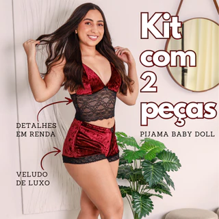 Kit 2 Pijama Baby Doll Feminino | Veludo de Luxo/Renda | Short Doll Top Doll | Lingerie Veludo Sexy