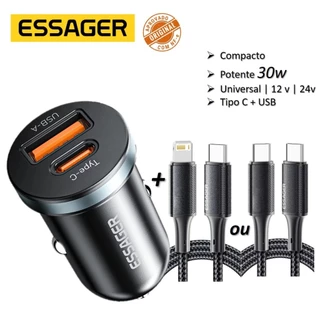 Kit Carregador Veicular Mini 30W Cabo Trançado Compatível iPhone Samsung Tipo C Lightning