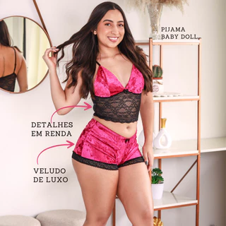 Pijama Baby Doll Feminino | Veludo de Luxo e Renda | Short Doll Top Doll | Lingerie Veludo Sexy