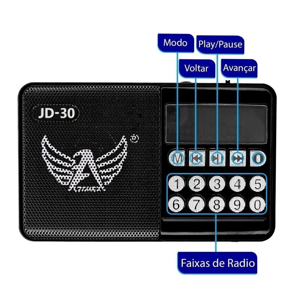 Mini Rádio Fm Portátil Bluetooth Com Display Digital Entrada USB SD JD-30 - Altomex