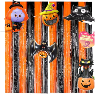 2 Cortinas Painel Laranja com Preto Metalizado 1mx2m + 5 Peças Balão de Halloween 35cm Decoração
