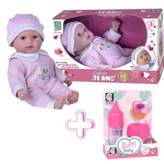 boneca corpo de pano abre e fecha os olhos + kit mamadeira chupeta e suquinho