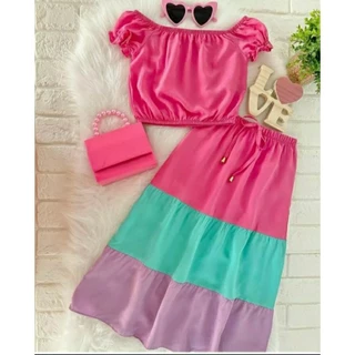 conjunto infantil menina cropped ciganinha e saia longa 3 marias colorido tamanhos 4 aos 12