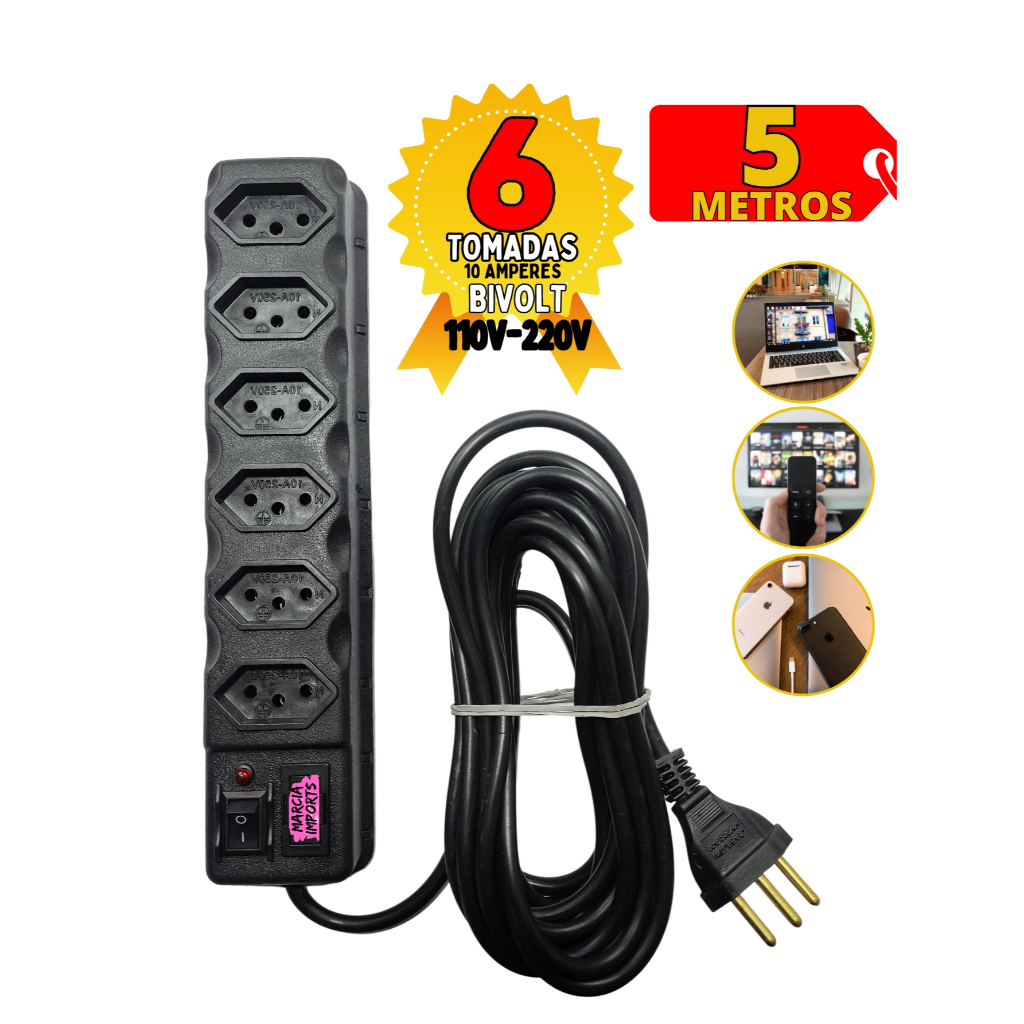Filtro de Linha com 6Tomadas 10A 500W com cabo de 5 metros 3 pinos Regua Eletrica Bivolt