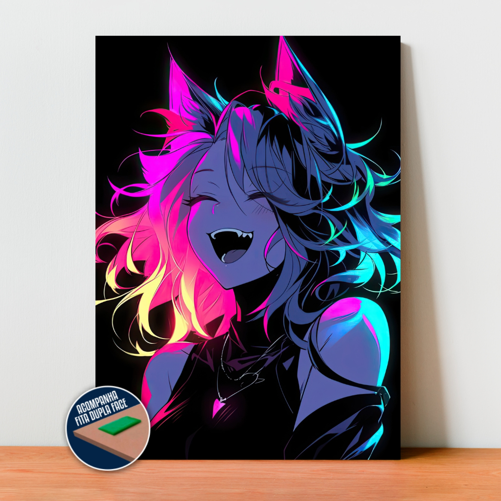 Quadro Placa Decorativa Anime Girl LED em MDF com 28x20 cm | Decoração Quarto e Sala
