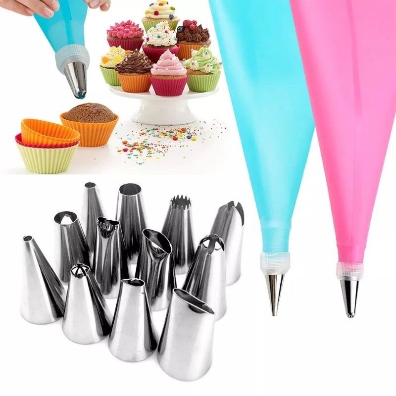 Conjunto de Saco de Confeiteira de Silicone com Bico para Decoração com Creme / Confeitaria / Açúcar
