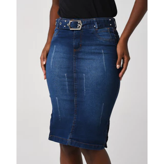 Saia Jeans Cinto Com Pérolas Azul 7PALLAS
