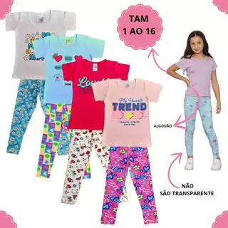 Kit Roupa Infantil Menina 8 Peças Conjunto Infantil Feminino 4 Legging e 4 Camiseta Regata 1 ao 16