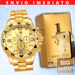 Kit Florenza Relógio Aço Dourado 24k Banhado Verniz + Perfume Importado Inspiração Presente Homem