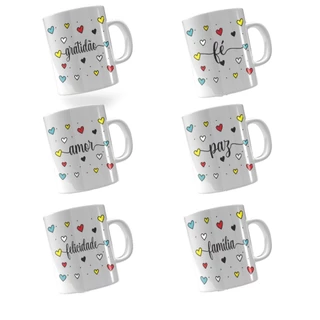 Kit 12 Canecas De Porcelana 120ml - Xicara com Palavras Inspiradoras - Fé, Gratidão, Felicidade, Amor, Paz e Família