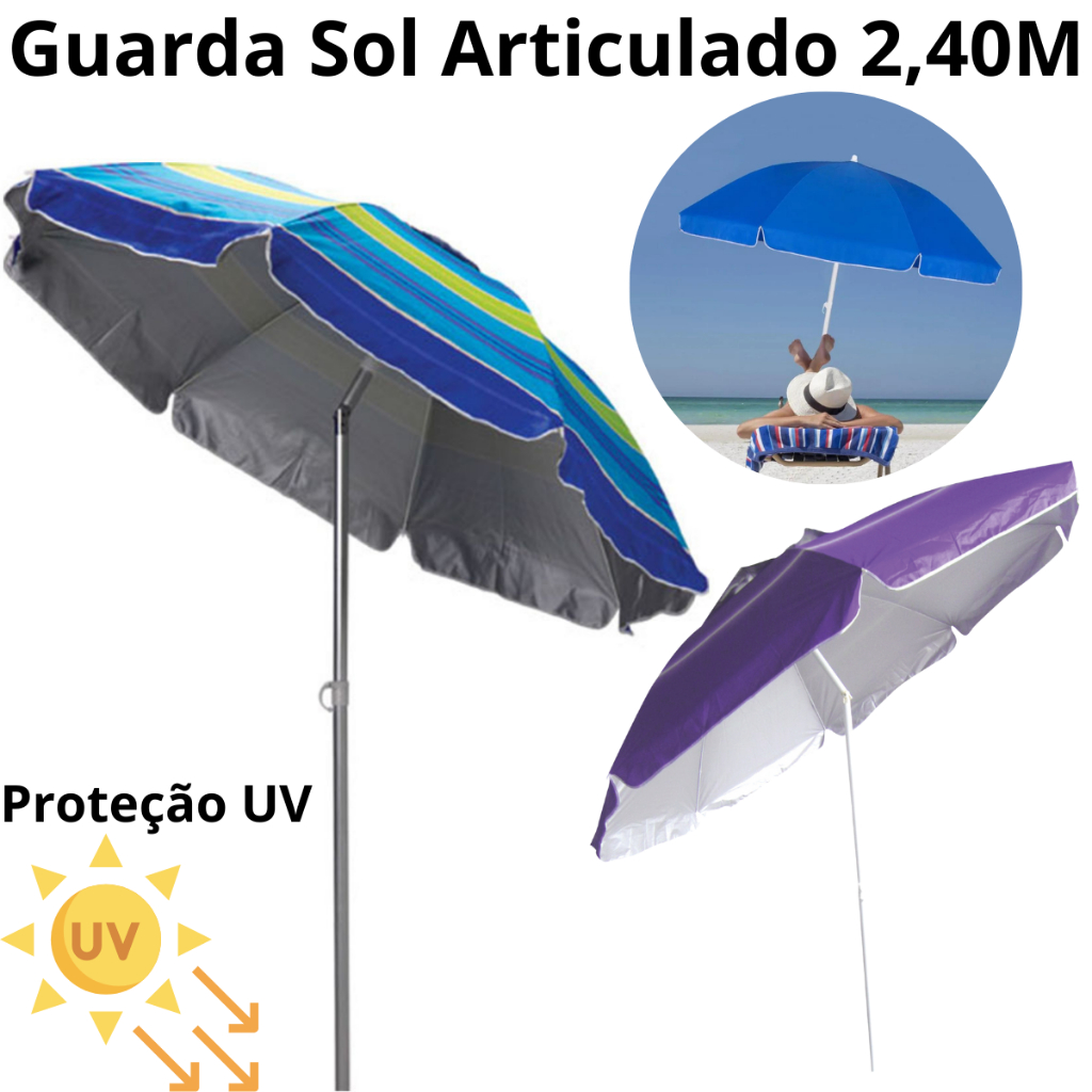 Guarda Sol Gigante 2,40m Articulado Uv Respirável Praia Piscina Verão Colorido Sombreiro Aço