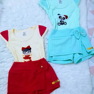 Conjunto Infantil 2 Peças Blusa e Short LACINHO com Estampa Variadas em Malha crepe dia a dia