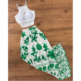 conjunto saia longa e cropped com bojo
