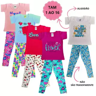 Kit 6 Peças Juvenil Conjunto Menina Infantil 3 Calça Leg 3 Camiseta Manga Curta Verão 1 ao 16
