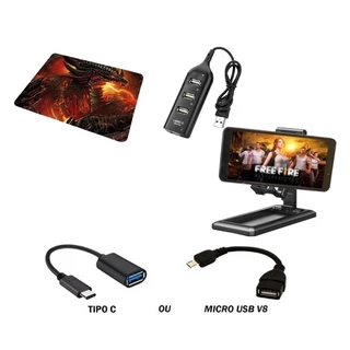 KIT PARA MOBILADOR HUB USB + SUPORTE + MOUSE PAD + ADAPTADOR OTG TIPO - C OU MICRO USB FREE FIRE FF PUBG COD MOBILE em Oferta na Shopee