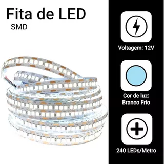 Fita De Led 5 Metros 240 Leds 3528 12V Branco Frio 6500k Flexivel Dupla Face Sem Fonte