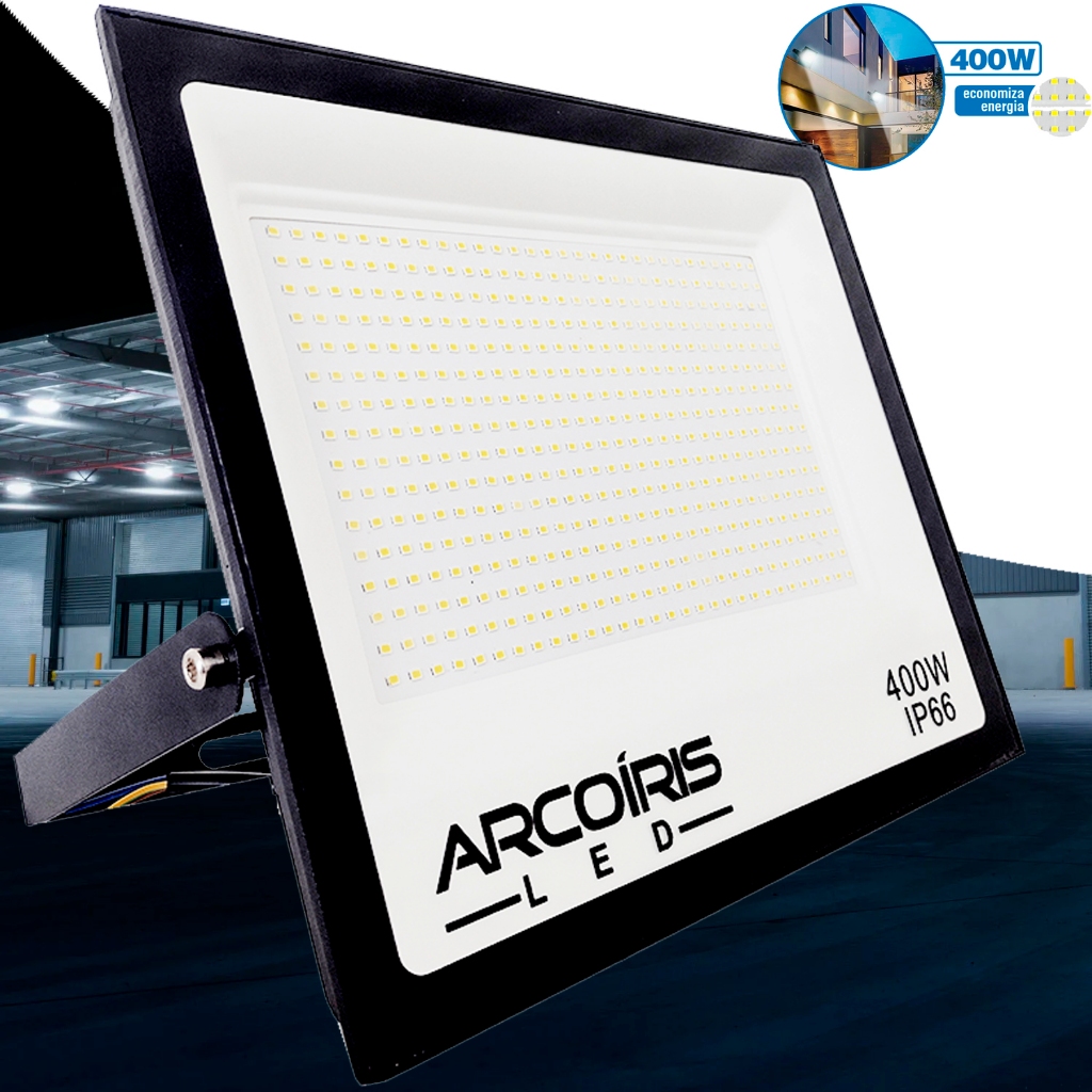 Kit 1 Holofote Refletor Led 400W Bivolt Super Potente A Prova Dagua Com Iluminação Branco Frio IP66