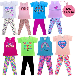 Kit Moda Infantil Menina Bebê 12 Peças Juvenil 6 Calça 6 Camiseta Manga Curta em Algodão do 1 ao 16