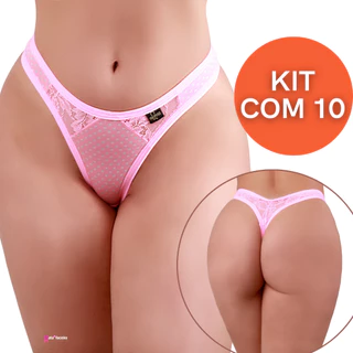 PROMOÇÃO Kit 10 Calcinhas Fio Dental Sexy Renda Forrada Algodão Estampas Sortidas Iza