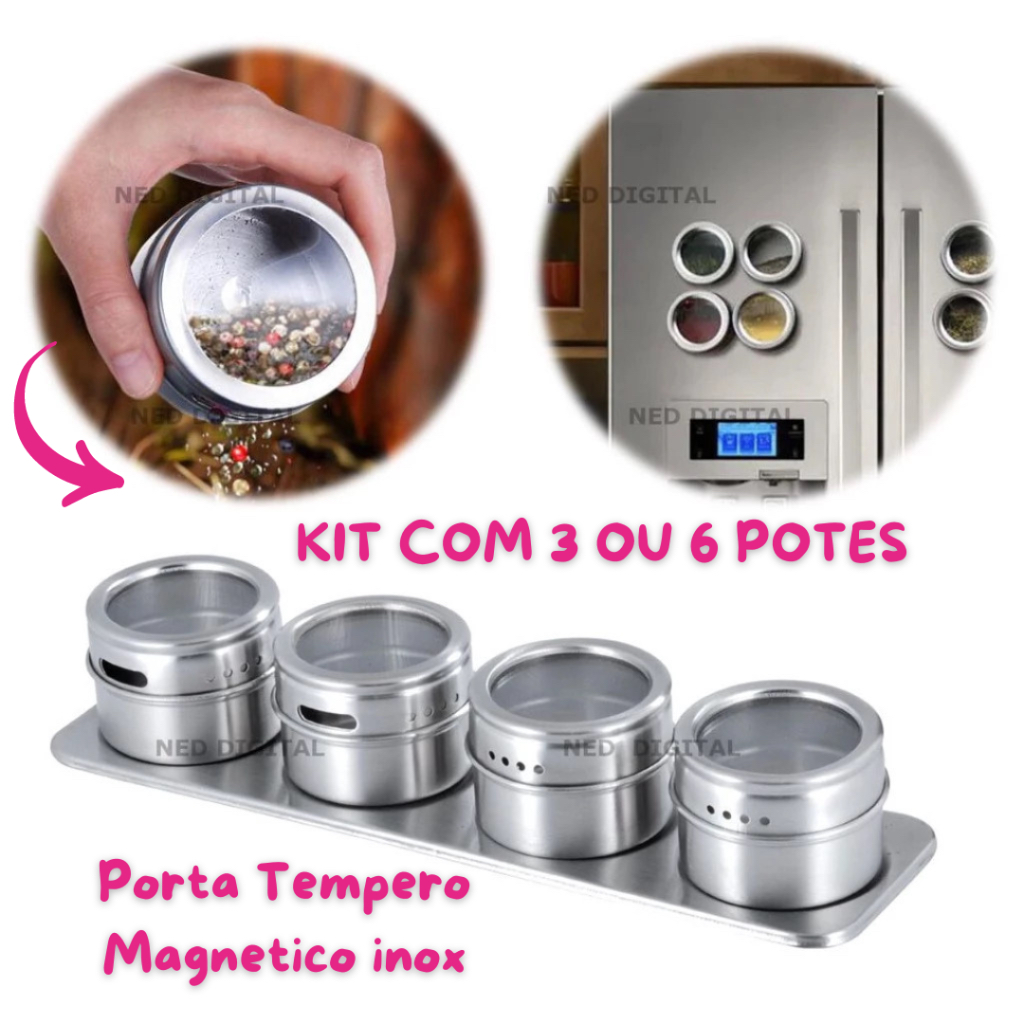 Porta Temperos Condimentos Aço Inox Magnético C/ Imã 6 Potes Ou Com 3 potes