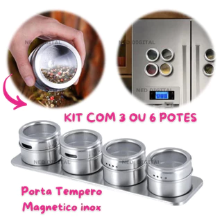 Porta Temperos Condimentos Aço Inox Magnético C/ Imã 6 Potes Ou Com 3 potes