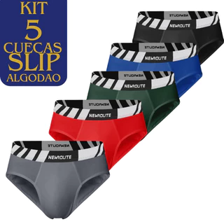 Kit 5 Cuecas Slip Algodao Modelo Cueca Comum com Elastico