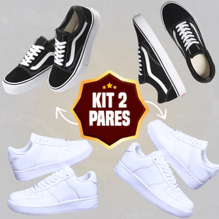 Promoção 2 Pares De Tênis Feminino Do 34 Ao 43 Modelo Casual Todo Branco + Old School Tradicional