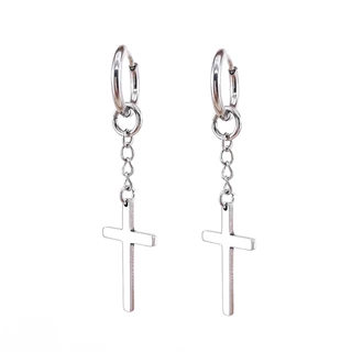 Par de Brincos Argola Cruz Masculino Feminino Aço Inoxidável Prata