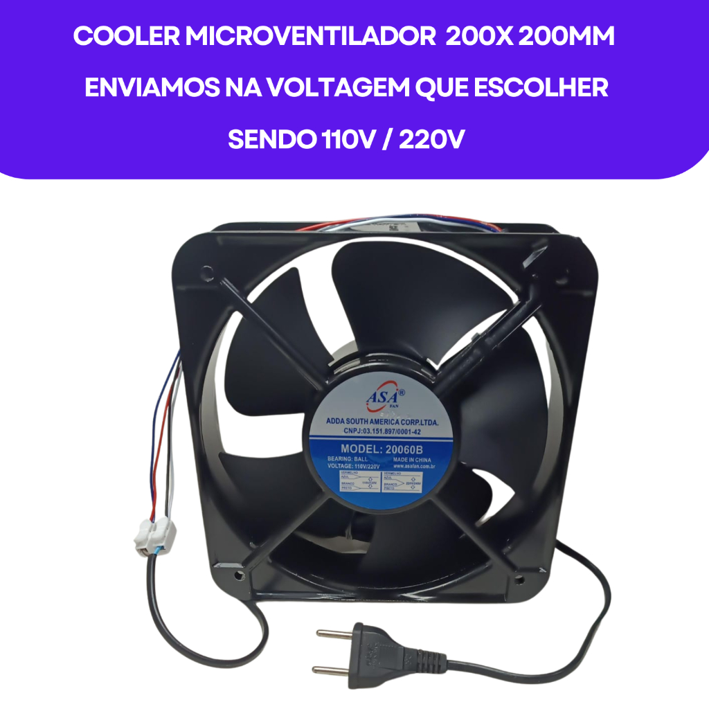 Cooler Microventilador Fan 200x200x60 20x20x6 cmBivolt 110v 220v Com Tomada Para Computadores Refrigeração Paineis Eletronicos Exaustão Pequenos Ambiente Racks Servidores