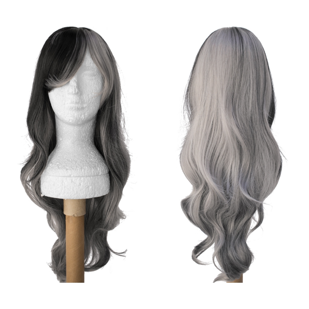 Peruca Preta e Cinza Leve Ondulado Longa C/ Franja Halloween Wig Lolita
