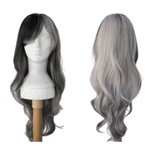Peruca Preta e Cinza Leve Ondulado Longa C/ Franja Halloween Wig Lolita