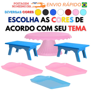 Kit bandeja 1 Boleira Cake Renda 19cm + 2 Mesinhas e 3 Bandejas 20x13 - Festa Decoração