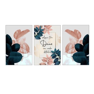 Kit 3 Quadros Decorativos Quarto Frase Deus Sala Flores Casa